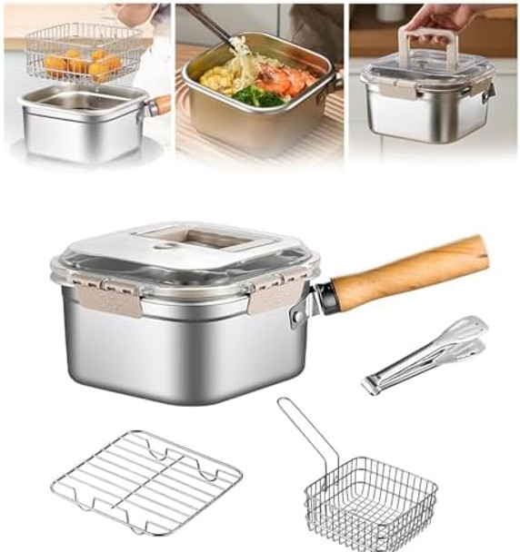 Stainless Steel Deep FryerPortable Outdoor Cooking Pot With BasketLidHandleAnd Oil Filter ScreenMulti-Functional Food ContainerPerfect For Frying ChickenFrench FriesOr Noodles2.5L/84Oz