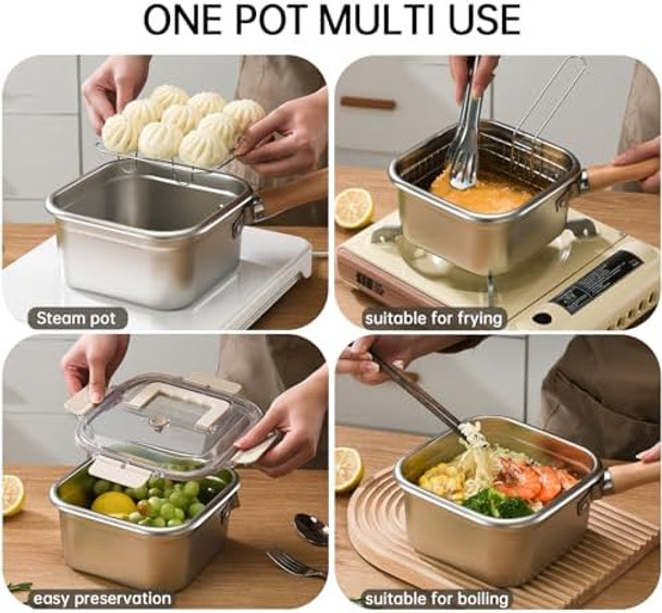 Stainless Steel Deep FryerPortable Outdoor Cooking Pot With BasketLidHandleAnd Oil Filter ScreenMulti-Functional Food ContainerPerfect For Frying ChickenFrench FriesOr Noodles2.5L/84Oz