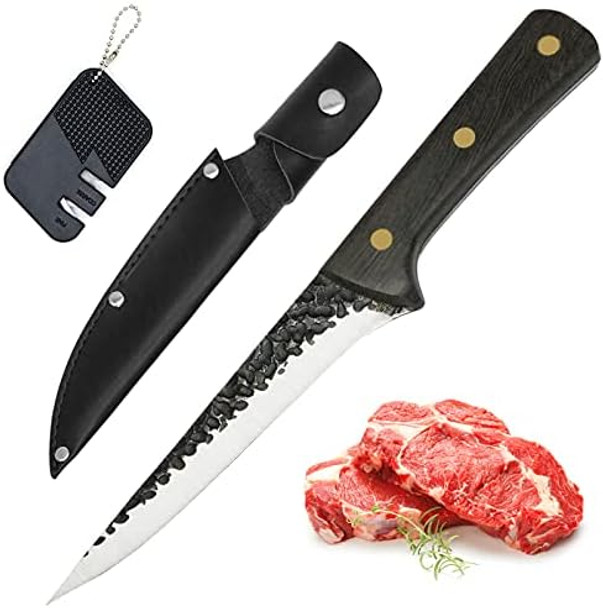 Premium Boning Knife With Sheath & Pocket Knife Sharpener 6 Inch High Carbon Stainless Steel Professional Japanese Fillet Knife Meat Cleaver Hand Forged Chef Knives For Meat Fish Deboning