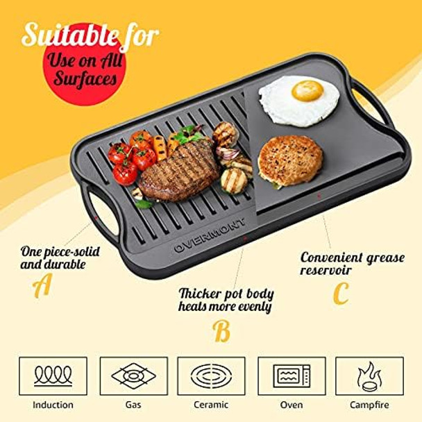 Overmont Pre-Seasoned 17X9.8" Cast Iron Reversible Griddle Grill Pan With Handles For Gas Stovetop Open Fire Oven One Tray Scrapers Included