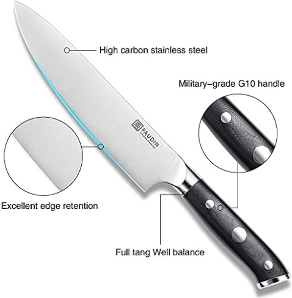 Paudin Chef Knife 8 Inch Professional Kitchen Knife 7Cr17Mov German Stainless Steel Forged Chefs Knife With Ergonomic G10 Handle Classic Chef'S Knife Meat Knife With Box