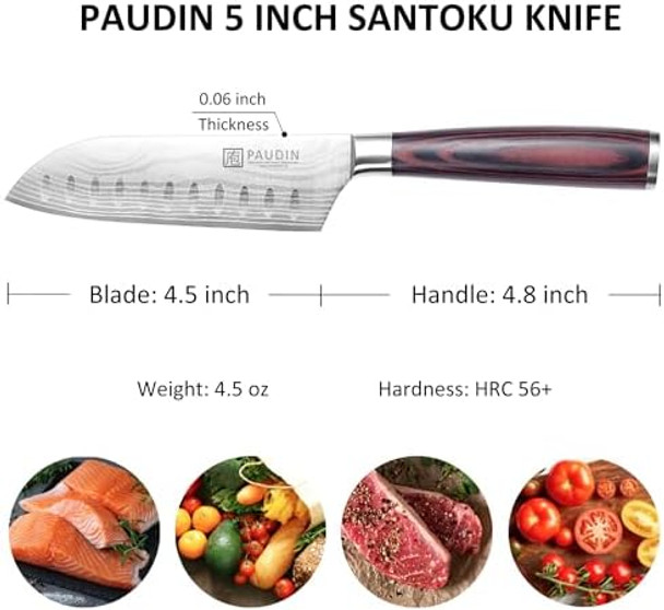 Paudin Santoku Knife Chef Knife 5 Inch Ultra Sharp Kitchen Knife Japanese Chef Knife With Sheath High Carbon Stainless Steel Ergonomic Pakkawood Handle