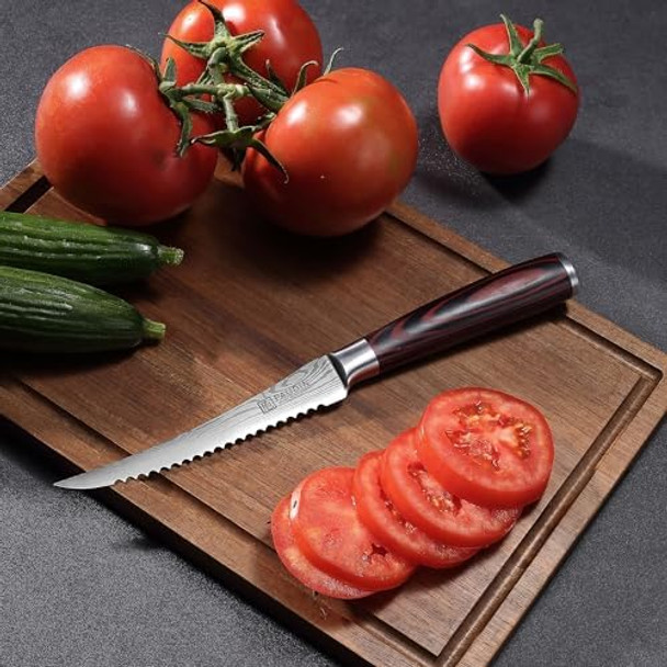 PAUDIN Tomato Knife 5 inch Serrated Tomato Knives with Sheath High Carbon Stainless Steel Tomato Slicer Knife for Smooth Cutting Slicing Vegetables and Fruits