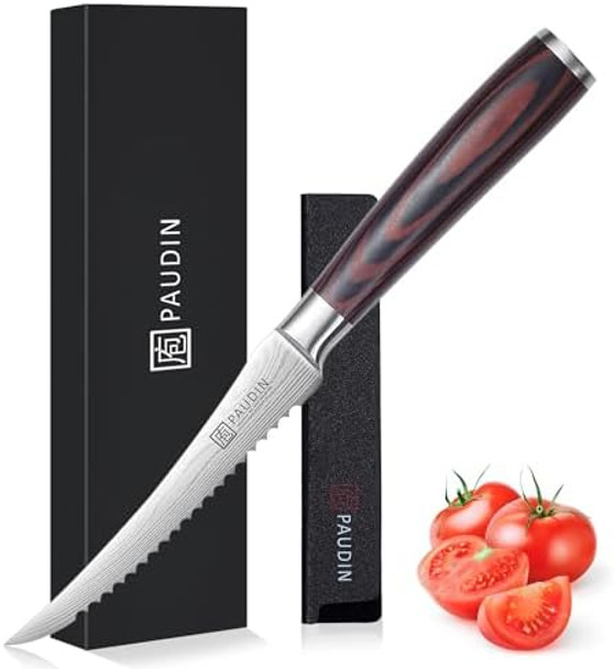 Paudin Tomato Knife 5 Inch Serrated Tomato Knives With Sheath High Carbon Stainless Steel Tomato Slicer Knife For Smooth Cutting Slicing Vegetables And Fruits Paudin Tomato Knife 5 Inch Serrated Tomato Knives With Sheath High Carbon Stainless Steel Tomato Slicer Knife For Smooth Cutting Slicing Vegetables And Fruits