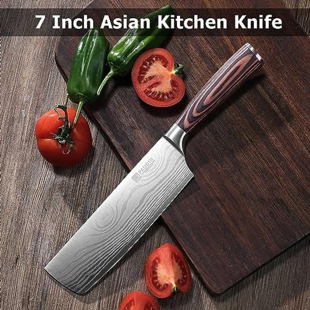 Paudin Nakiri Knife - 7" Razor Sharp Meat Cleaver And Vegetable Kitchen Knife High Carbon Stainless Steel Multipurpose Asian Chef Knife For Home And Kitchen With Ergonomic Handle