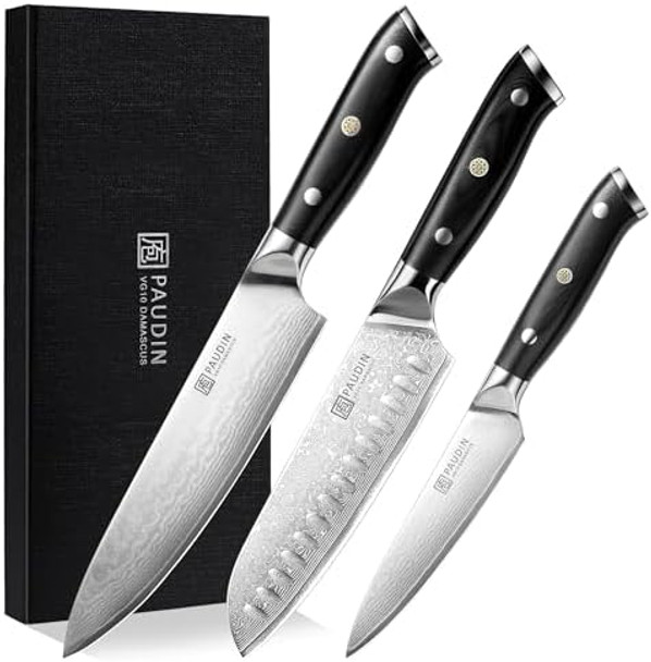 Paudin Damascus Knife Set 3 Pcs Japanese Vg10 Steel Core Ultra Sharp Chef Knife Set Full Tang G10 Handle Damascus Kitchen Knives