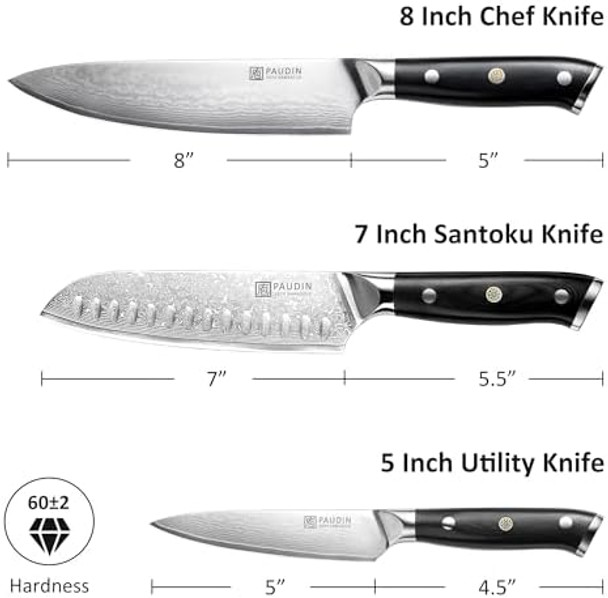 Paudin Damascus Knife Set 3 Pcs Japanese Vg10 Steel Core Ultra Sharp Chef Knife Set Full Tang G10 Handle Damascus Kitchen Knives