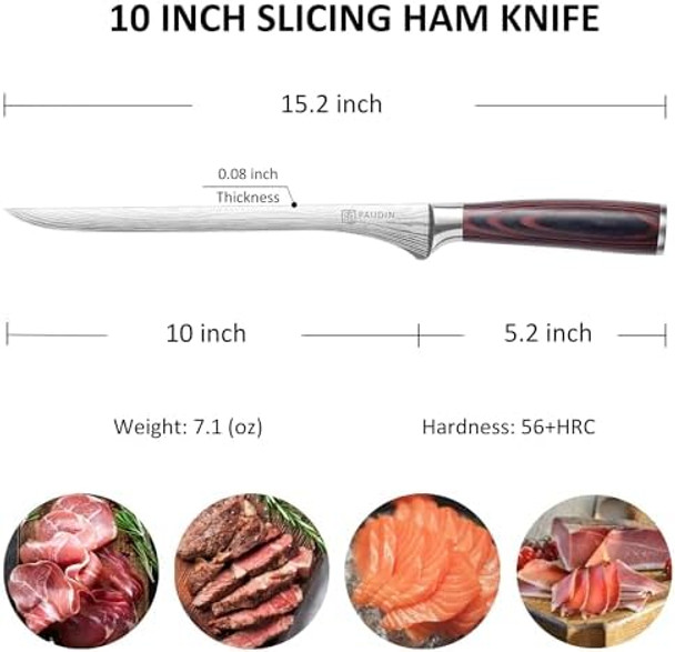 Paudin Carving Knife 10 Inch Professional Ham Slicing Knife With Sheath High Carbon Stainless Steel Meat Cutting Knifes Spanish Style Sharp Slicer Knives With Ergonomic Pakkawood Handle Box