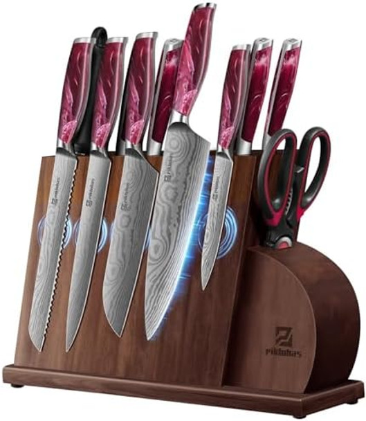 Knife Set For Kitchen 14 Pieces With Magnetic Holder Ultra Sharp Durable German Stainless Steel Damascus Pattern One-Piece Ergonomic Handle Elegant Red Flowing Cloud Design
