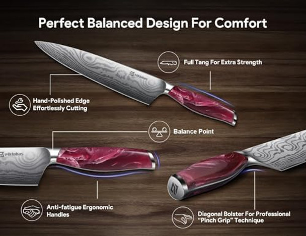 Knife Set For Kitchen 14 Pieces With Magnetic Holder Ultra Sharp Durable German Stainless Steel Damascus Pattern One-Piece Ergonomic Handle Elegant Red Flowing Cloud Design