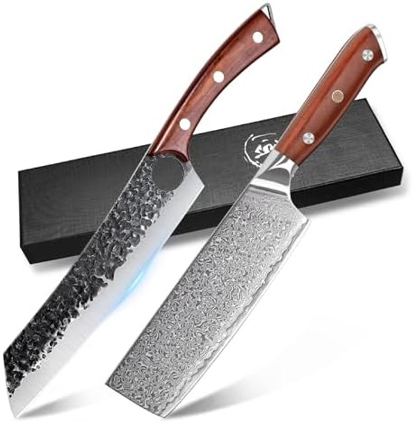 Purple Dragon Chef Knifedamascus Nakiri Knife 7 Inch Meat Cleaver Knife And Hand Forged Boning Knife 8.5 Inch