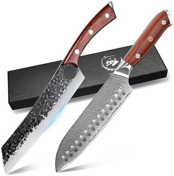 Purple Dragon Chef Knife Meat And Vegetable Cleaver Hand Forged Boning Knife 8.5 Inch With Damascus Santoku Knife 7 Inch
