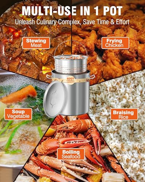 Pyy Seafood Boil Pot - 60Qt Turkey Fryer With Basket & Lid Stainless Steel Crab Lobster Crayfish Shrimp Stock Pot Boiler Deep Fried Cooker For Commercial Outdoors Or Gatherings 21.7 17.3"