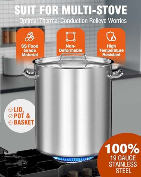 Pyy Seafood Boil Pot - 60Qt Turkey Fryer With Basket & Lid Stainless Steel Crab Lobster Crayfish Shrimp Stock Pot Boiler Deep Fried Cooker For Commercial Outdoors Or Gatherings 21.7 17.3"