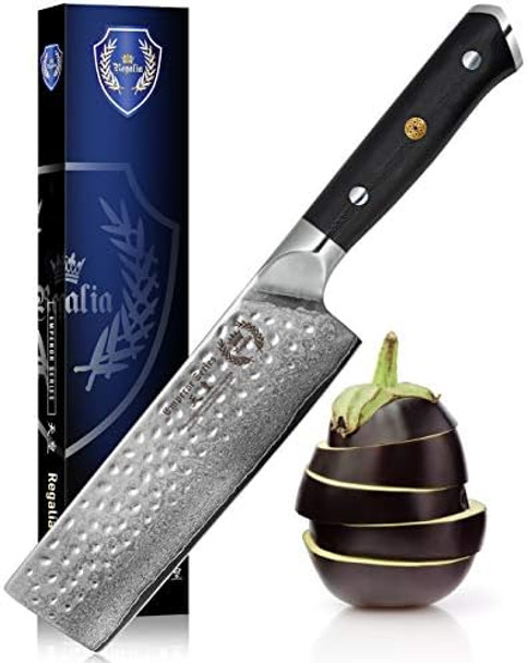Regalia Nakiri (Usuba) Vegetable Chef Knife: Best 6-Inch Japanese Aus10 67-Layer High Carbon Stainless Damascus Steel Asian Vegetable Cleaver Shaped Blade W/Hammered Finish G-10 Handle