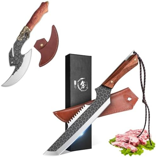 Rococo The 8.8'' Boning Knife And Dragon Viking Cleaver Set For Cutting Ribs Roasts Fruits Veggies Multipurpose Kitchen Knives For Bbq Birthday Thanksgiving Christmas Ideal Men