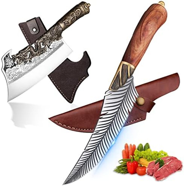5.9”Feather Viking Knife 9.5”Dragon Bone Cleaver Knife Set Boning Knife Butcher Cleaver With Sheath For Outdoor Camping Bbq Collection Christmas Men