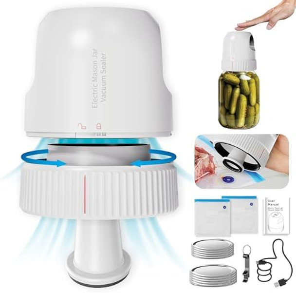 3-In-1 Electric Mason Jar Vacuum Sealer Kit For Wide & Regular Mouth Canning Jars & Sous Vide Bags Rechargeable Auto Stop Jar Sealer Vacuum For Storing Herbs Fruits & Veggies (White) 3-In-1 Electric Mason Jar Vacuum Sealer Kit For Wide & Regular Mouth Canning Jars & Sous Vide Bags Rechargeable Auto Stop Jar Sealer Vacuum For Storing Herbs Fruits & Veggies (White)