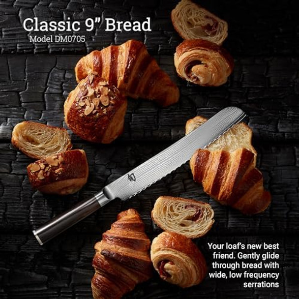 Shun Classic Blonde 9" Bread Knife Handcrafted Japanese Serrated Knife Vg-Max Core With Damascus Stainless Steel Cladding Pakkawood Handle Slicing Tool For Professional And Home Chefs