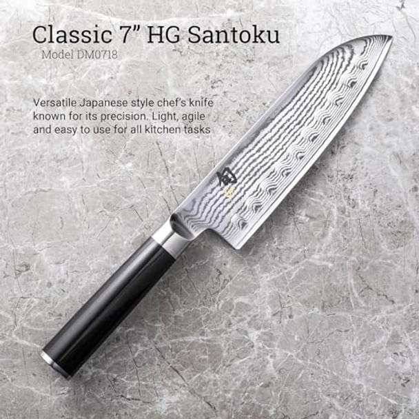 Shun Classic 7" Hollow Ground Santoku Knife Handcrafted Japanese Cutting Knife Vg-Max Core With Damascus Stainless Steel Cladding Pakkawood Handle
