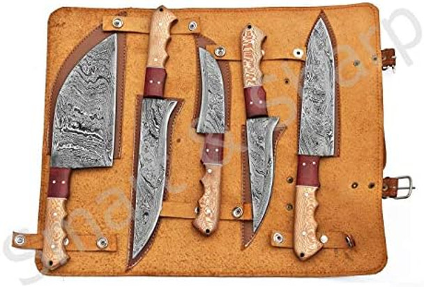 Smart & Sharp Custom Handmade Damascus Chef Knives Set/Kitchen Knives 5 Pieces Set Ss-17210 And 17211 Poplar Wood