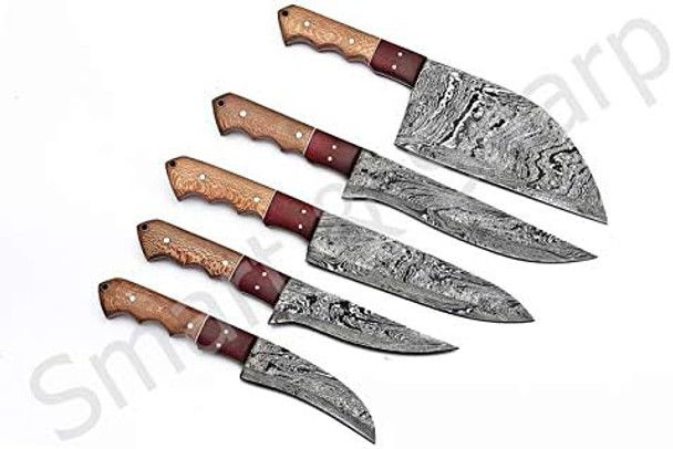 Smart & Sharp Custom Handmade Damascus Chef Knives Set/Kitchen Knives 5 Pieces Set Ss-17210 And 17211 Poplar Wood