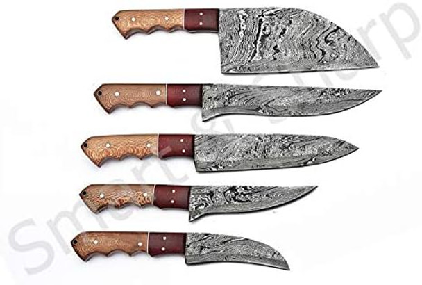 Smart & Sharp Custom Handmade Damascus Chef Knives Set/Kitchen Knives 5 Pieces Set Ss-17210 And 17211 Poplar Wood