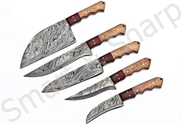 Smart & Sharp Custom Handmade Damascus Chef Knives Set/Kitchen Knives 5 Pieces Set Ss-17210 And 17211 Poplar Wood
