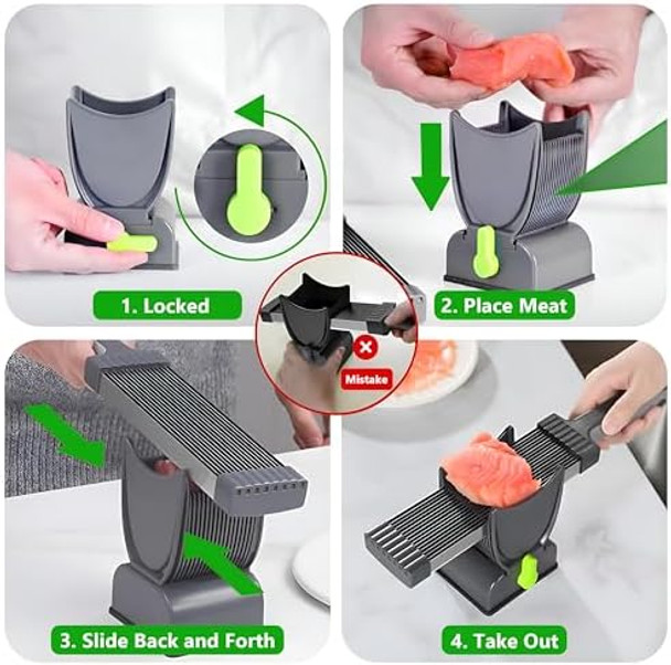Fresh Meat Slicer Stainless Steel Meat Slicer Manual Jerky Cutter With 17 Blades Adjustable Thickness (2Mm4Mm) Hand Cleaver Knife Set For Slicing Shredding Beef Pork Chicken Bbq