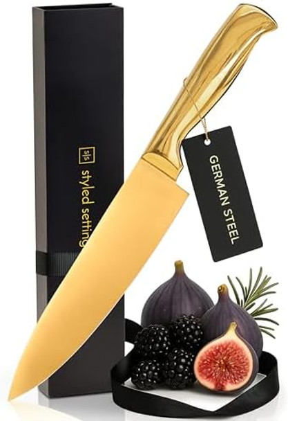 Styled Settings Black And Gold Chef Knife – German Stainless Steel Kitchen Knife – Ultra-Sharp Titanium-Coated Blade – Precision Cutting Knife For Home & Professional Chefs – Ideal