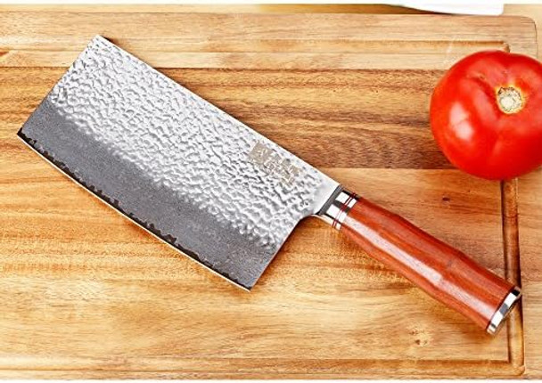 Sunlong Meat Cleavers 7 Inch Damascus Vegetable Cleaver Japanese Hammered Damascus Steel Bloodwood Handle