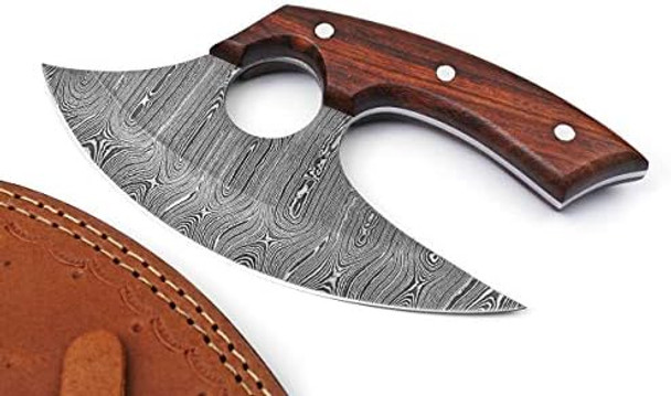 Handmade Damascus Steel Ulu Knife - Fixed Blade Knife For Chopping Boning Slicing Cutting Solid Rose Wood Handle With Leather Sheath WoodSteel