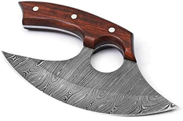Handmade Damascus Steel Ulu Knife - Fixed Blade Knife For Chopping Boning Slicing Cutting Solid Rose Wood Handle With Leather Sheath WoodSteel