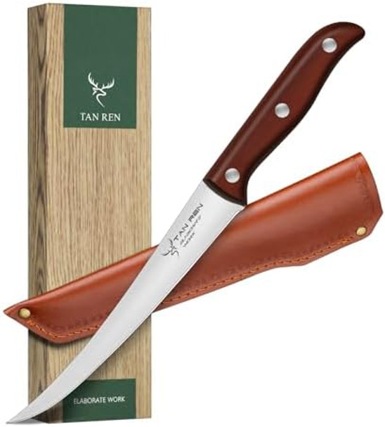 Butcher Breaking Knife 8 Inch Stainless Steel For Meat Cutting Brisket Trimming With Sheath Ergonomic Wooden Handle Carving