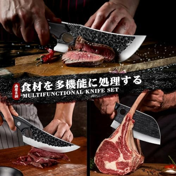 Tijeras Butcher Knife Set For Meat Cutting 3Pcs Hand Forged Cooking Knives Set Camping Knife Set With Ergonomic Handle High Carbon Steel Meat Bone Cleaver For Kitchen Camping Bbq Idea Men