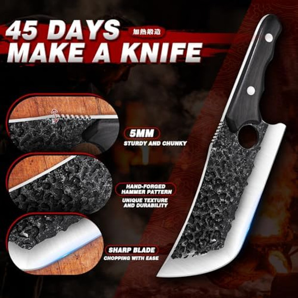 Tijeras Butcher Knife Set For Meat Cutting 3Pcs Hand Forged Cooking Knives Set Camping Knife Set With Ergonomic Handle High Carbon Steel Meat Bone Cleaver For Kitchen Camping Bbq Idea Men