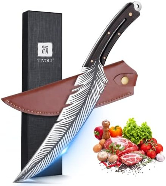 Tivoli Feather Carving Knife8 Inch Boning Butcher Knife For Meat Cutting Hand Forged High Carbon Steel Viking Fillet Knife For Brisket Outdoor Camping Bbq Father'S Day Christmas Men Women