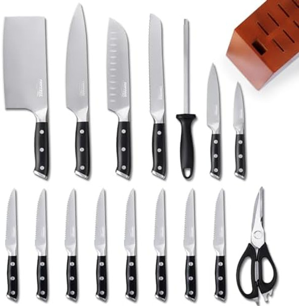 17Pcs Kitchen Knife Set With Magnetic Knife Block-5 Chef Knives8 Serrated Steak Knives Ultra Sharp Chef Knife Set With Knife SharpenerKitchen Scissors