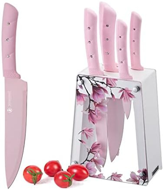 Chef Knife Set 6 Pieces Stainless Steel Professional Kitchen Knife Set With Acrylic Stand For Cooking Lightweight Strong Anti-Slip Pink Knives Set Kitchen s For Women (Pink) One Size