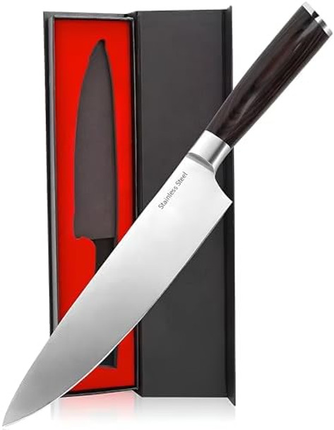 Professional Japanese Kitchen Knife - 8Inch Sharp Chef Knife - High Grade Stainless Steel With Pakka Wood Handle ( Box Included)