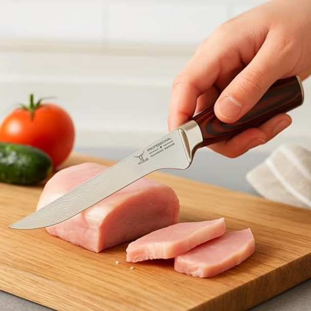 Laser Damascus 6-Inch Boning Knife – Precision Stainless Steel Blade For Deboning Meat & Professional Kitchen Use Laser Damascus 6-Inch Boning Knife – Precision Stainless Steel Blade For Deboning Meat & Professional Kitchen Use