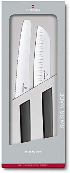 Victorinox 2 Piece Santoku And Bread Knife Set Black Light & Sharp For Various Foods Dishwasher Safe Swiss Madan Box 6.9093.22G