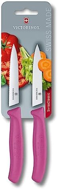 Victorinox Swiss Classic Paring Knife Set 2 Pcs. Extra Sharp Pointed Tip Serrated Swiss Made Stainless Steel Pink