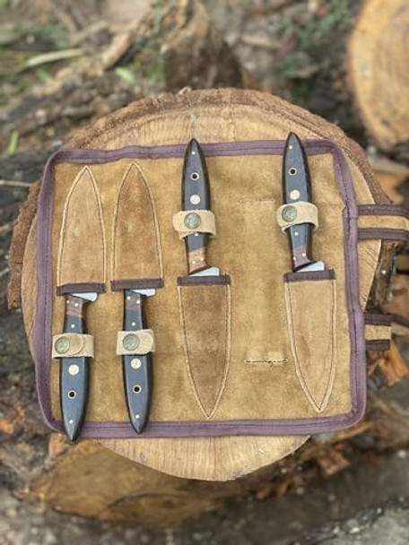 Handmade Damascus Steel Kitchen Steak Knife Set Of 4 Pieces With Wengi Wood Handle Overall 9''Inches Length Of Steak Knives With Leather Bag 1046-St-Wn