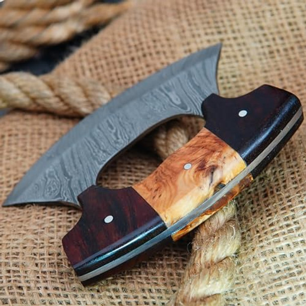 Damascus Steel Ulu Knife Multi-Purpose Alaska Knife For Chopping Rocking Mincing Slicing Meat & Herb (Wcu-03) (Wood)