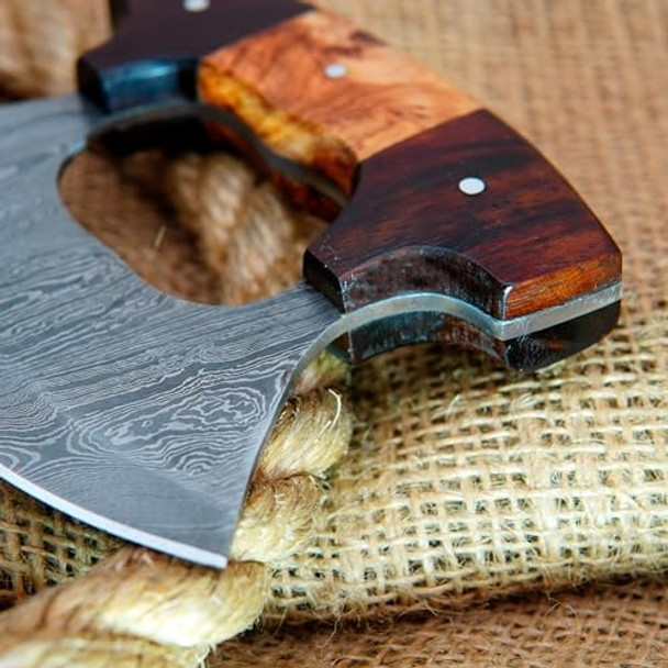 Damascus Steel Ulu Knife Multi-Purpose Alaska Knife For Chopping Rocking Mincing Slicing Meat & Herb (Wcu-03) (Wood)