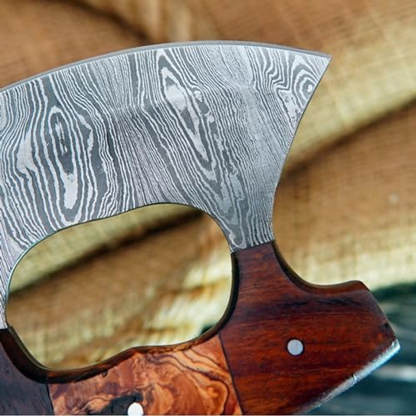 Damascus Steel Ulu Knife Multi-Purpose Alaska Knife For Chopping Rocking Mincing Slicing Meat & Herb (Wcu-03) (Wood)