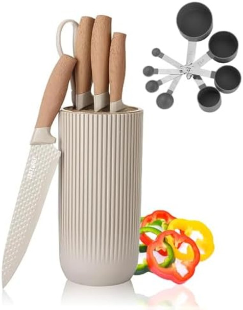 Kitchen Block Knife Sets 6-Pieces Khaki Chef Knife Set With Removable Round Block Non-Stick & Non-Slip Stainless Steel Sharp Knife Set For Restaurant Home Cooking s For Mom Wife Girl (Khaki)