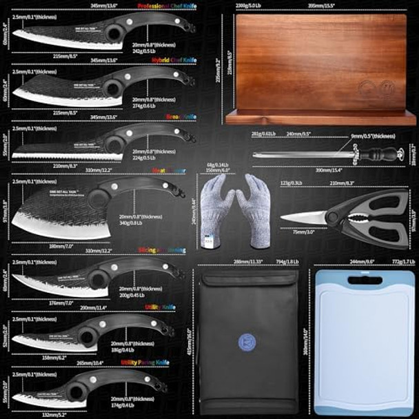 Xyj One Set All Tasks Kitchen Knife Block Set With Sharpener Scissors Roll Bag Cutting Board 7 Pcs High Carbon Steel Knives Set Cleaver Cooking Chef Knives With Ergonomic Handles