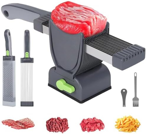 Fresh Meat Slicer Thickness Adjustable 2 Or 4 Mm 17 In 1 Stainless Steel Cleaver Kitchen Knife For Slicing Shredding Manual Meat Cutter Jerky Slicer For Beef Pork Salmon Jerky
